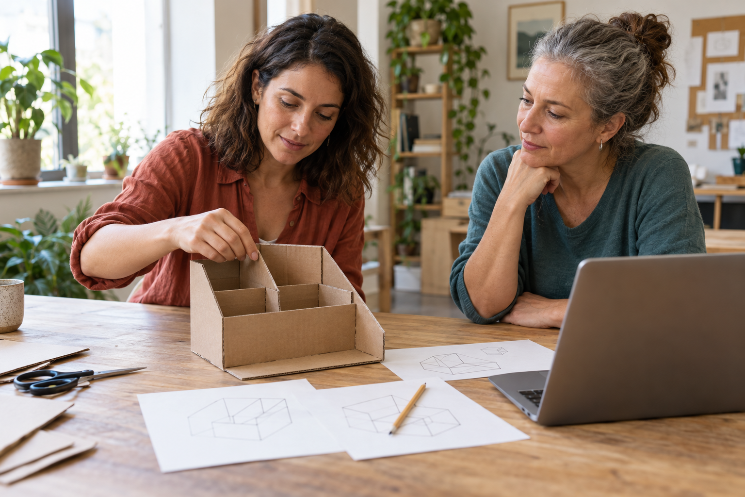 Two adult learners compare a rough cardboard prototype with simple paper sketches.
