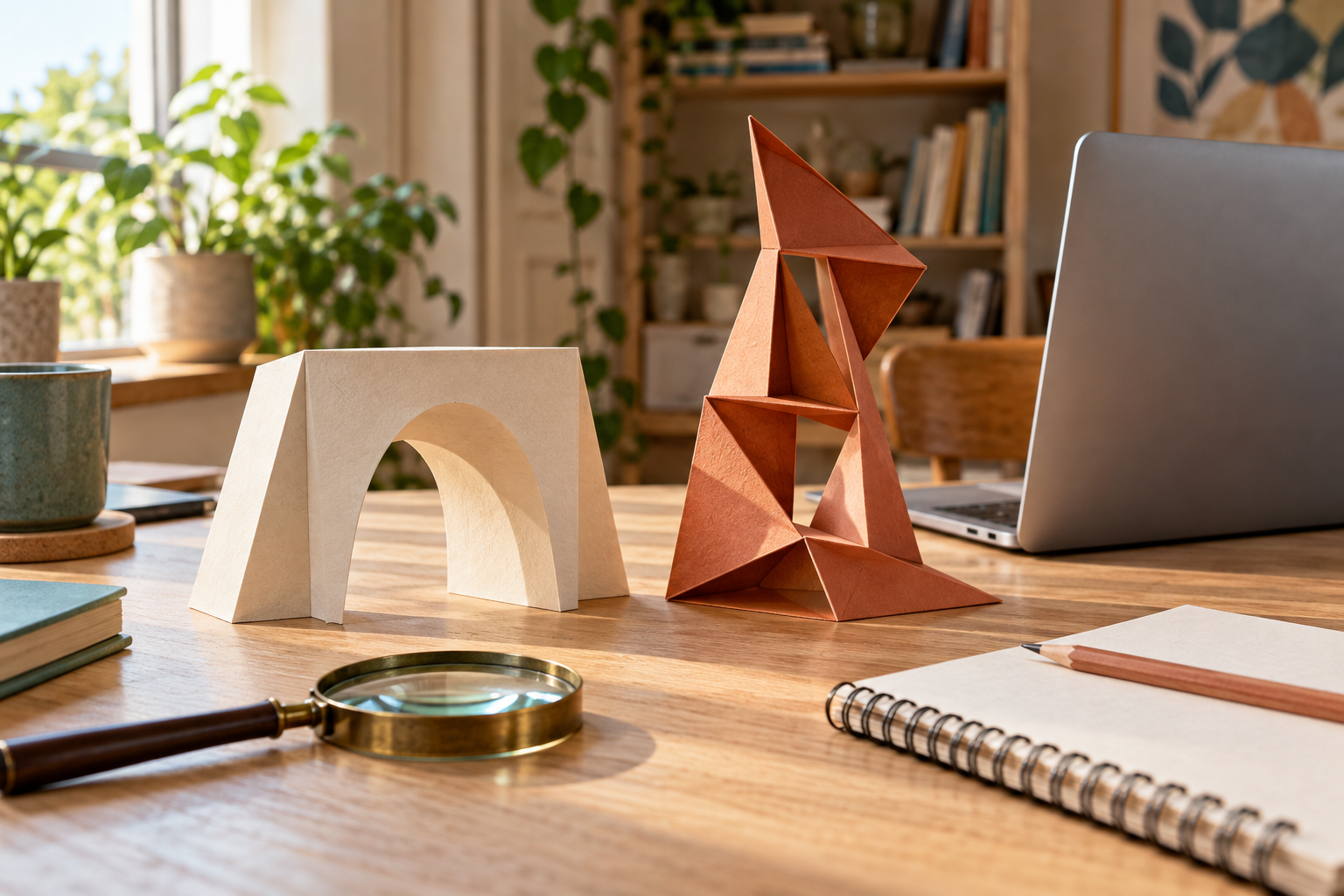 Two contrasting blank paper models and a magnifying glass beside a notebook, inviting critical comparison.