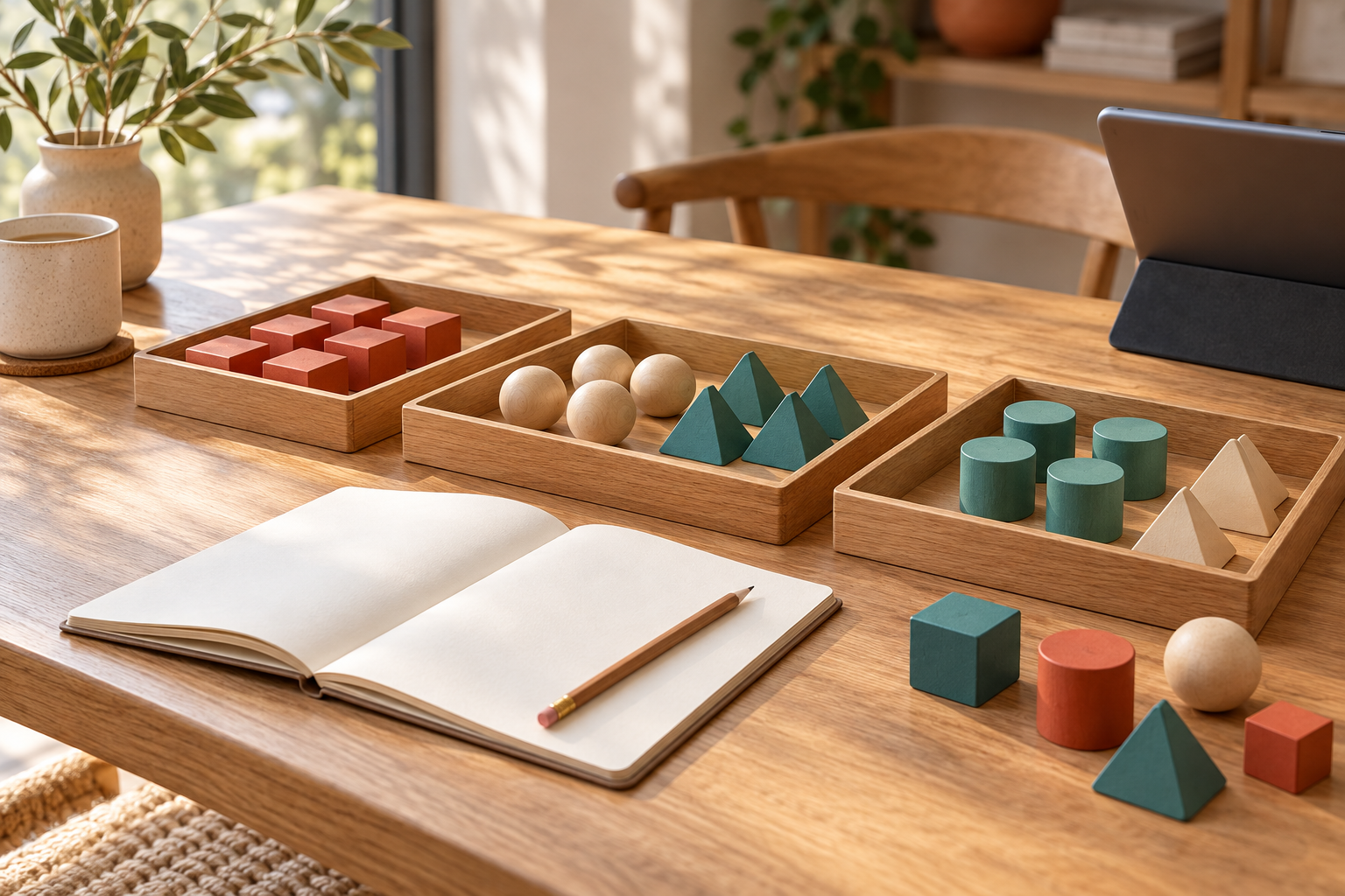Colored wooden shapes sorted into trays beside a blank notebook on a sunlit learning table.