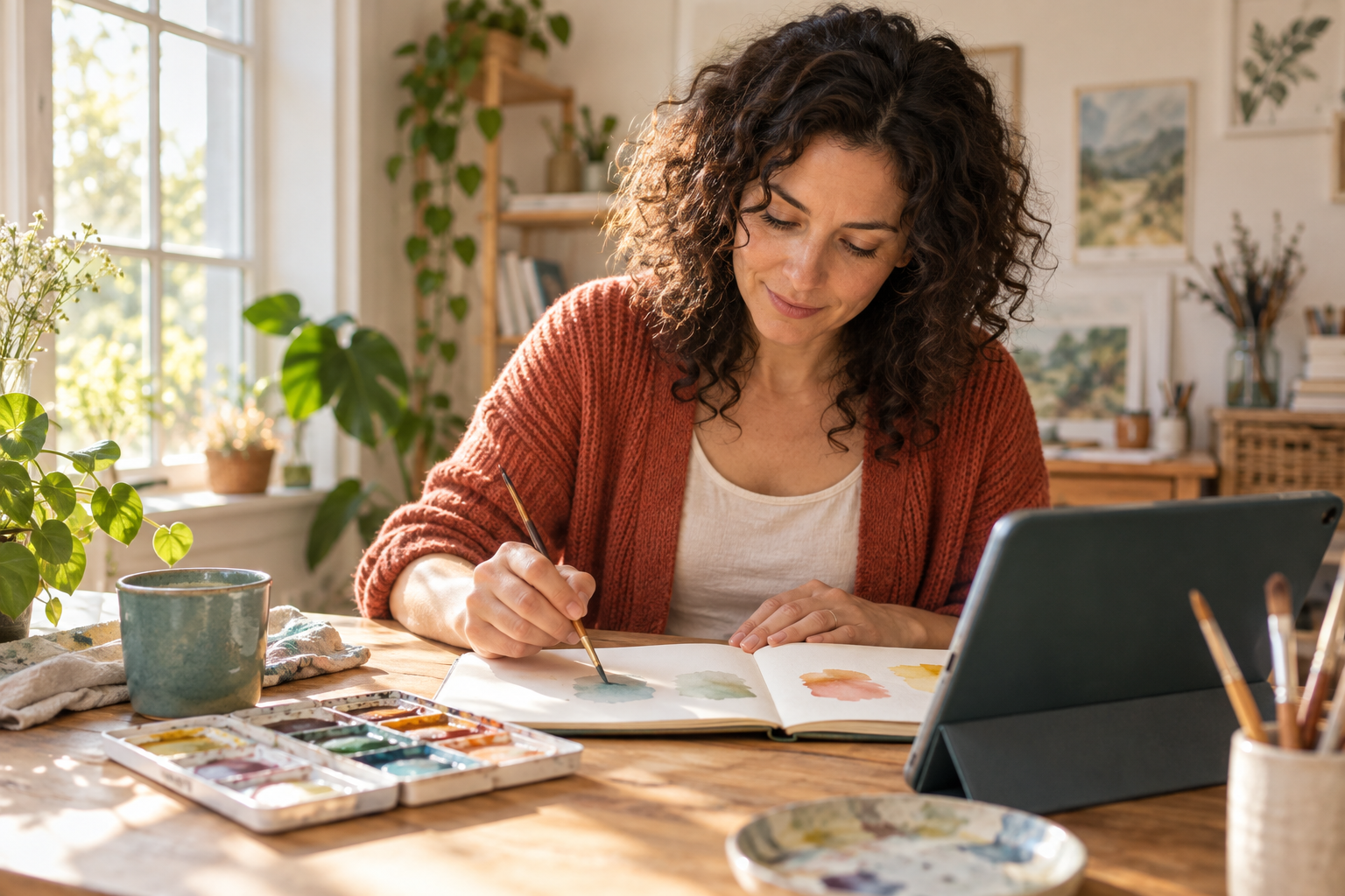 A learner practicing watercolor with a notebook and a tablet at a bright studio desk.