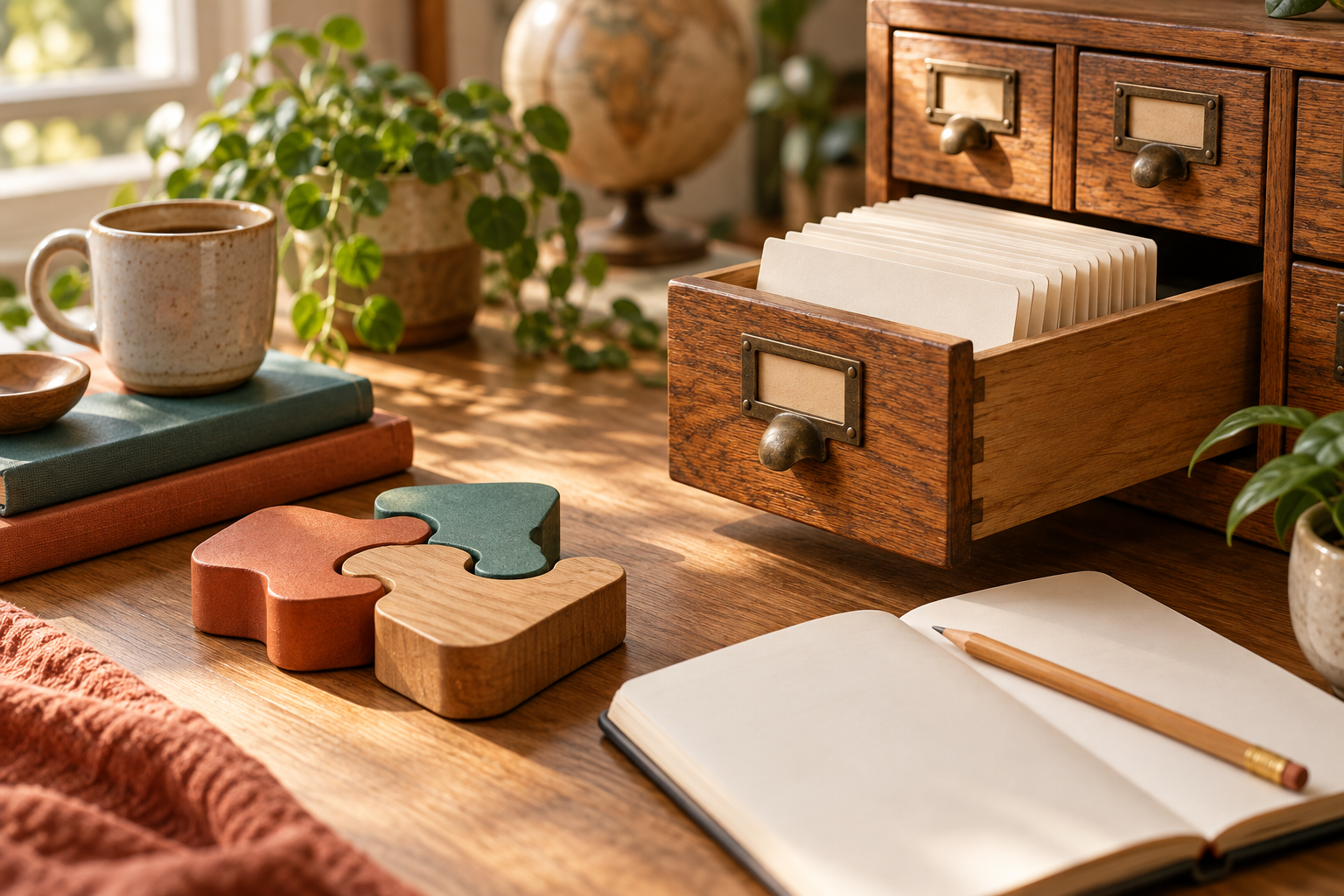 A small reference-card catalog, connected wooden pieces and an open notebook on a learning table.