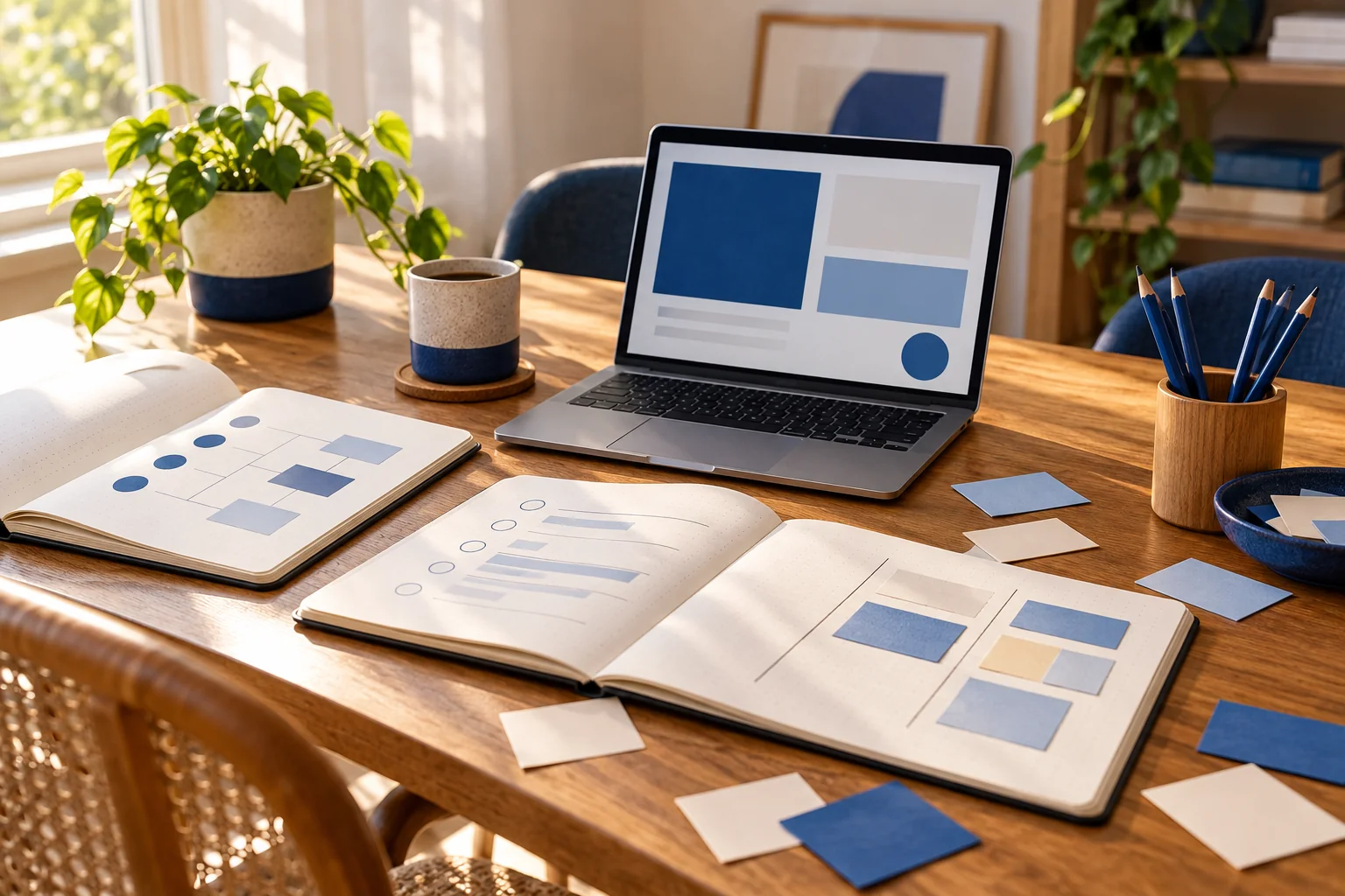 Notebooks, blue task cards and a laptop arranged for a small practical workshop.