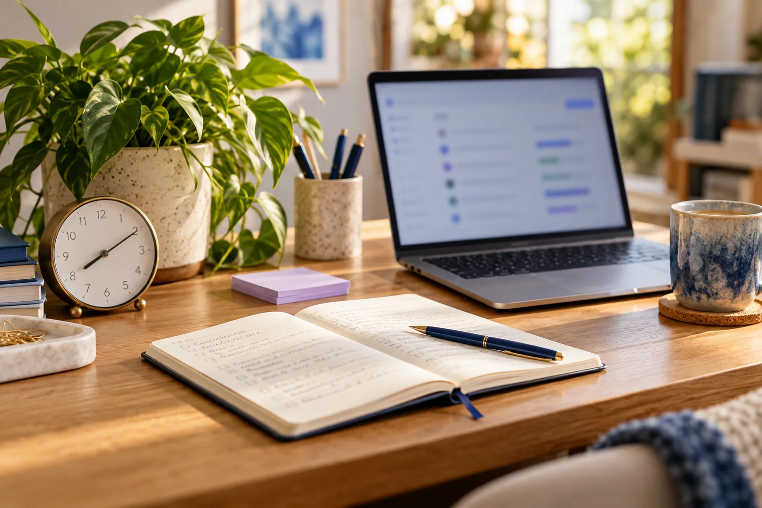 A laptop, notebook, and clock arranged on a real wooden desk