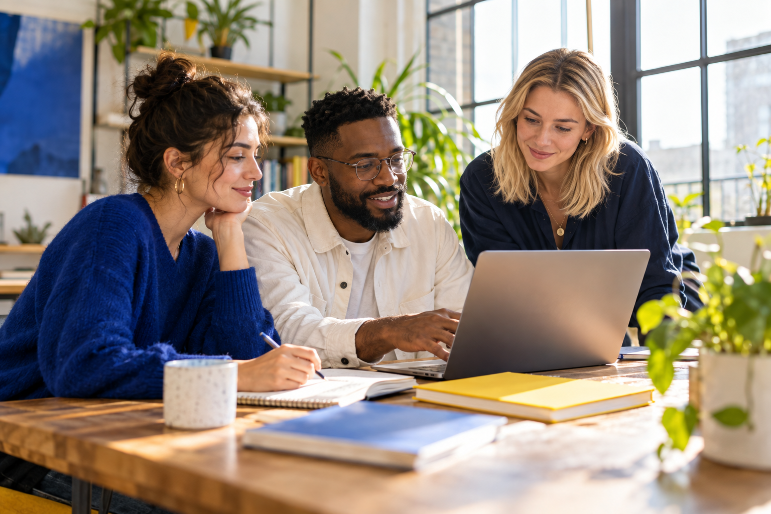 Adults learning together around a laptop in a bright creative studio
